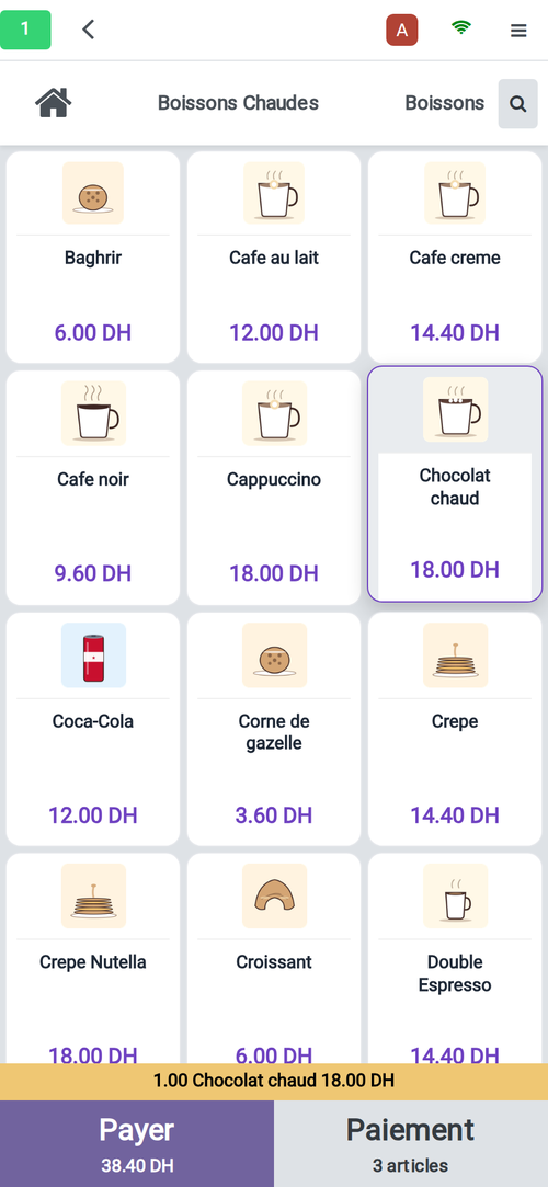 POS Caissa sur téléphone — même catalogue, tactile, prêt pour service en salle