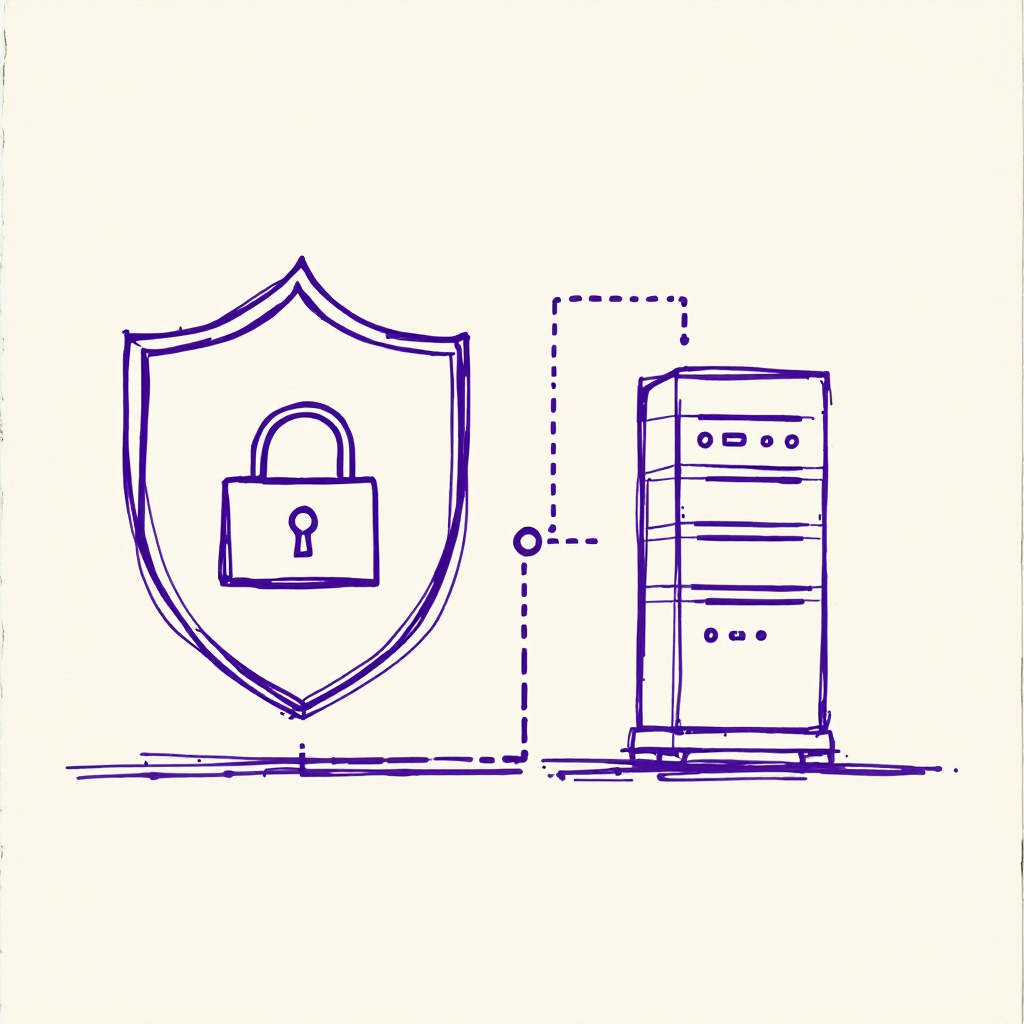 Bouclier avec cadenas connecté à un serveur, hébergement isolé sécurisé