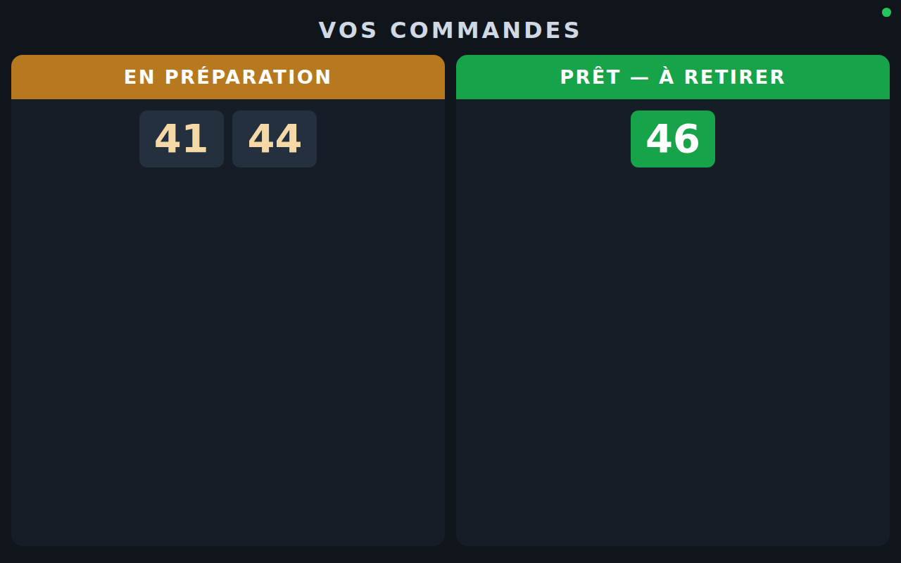 Écran client affichant les commandes en préparation et prêtes à retirer par numéro