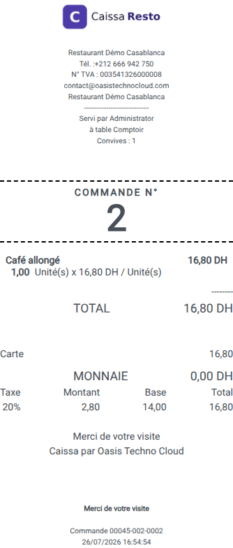 Ticket de caisse restaurant avec numéro de commande imprimé en grand